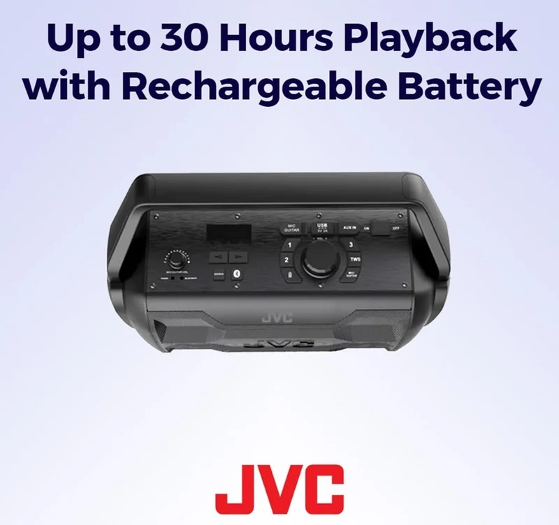 JVC Rover Portable Indoor/Outdoor Bluetooth Speaker, 30 Watts Powerful Sound, 30 Hours Battery, IPX4 Water Resistant, USB Port and Microphone/Guitar Input - XSS521PB (Black)