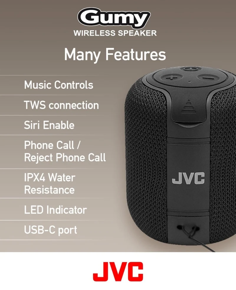 JVC Portable Gumy Wireless Speaker with Surround Sound, Bluetooth 5.3, Lightweight, TWS Capability, USB-C, up to 15-Hour Battery Life - SPSG1BTA (Blue)