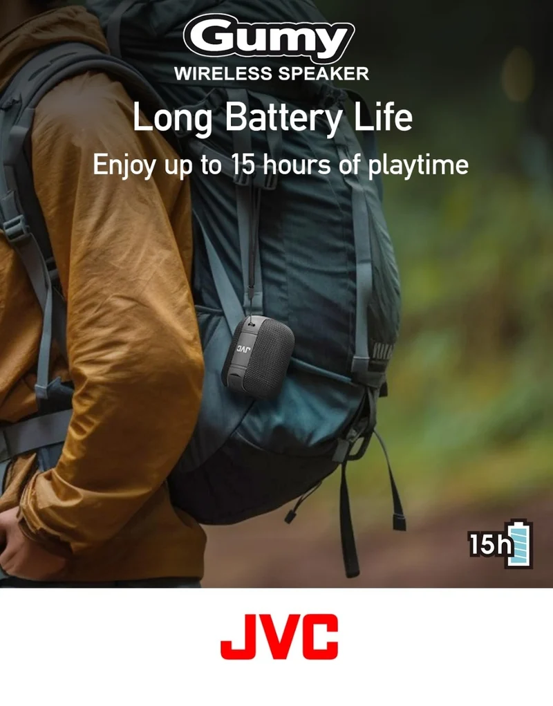 JVC Portable Gumy Wireless Speaker with Surround Sound, Bluetooth 5.3, Lightweight, TWS Capability, USB-C, up to 15-Hour Battery Life - SPSG1BTB (Black)
