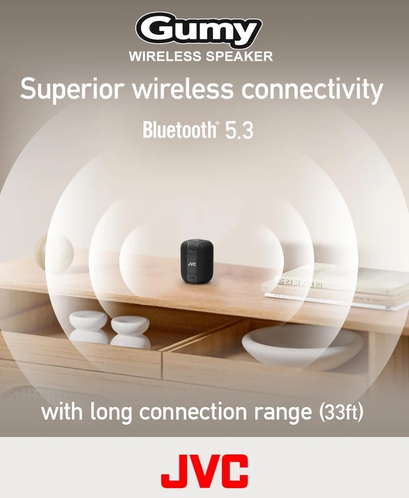 JVC Portable Gumy Wireless Speaker with Surround Sound, Bluetooth 5.3, Lightweight, TWS Capability, USB-C, up to 15-Hour Battery Life - SPSG1BTB (Black)