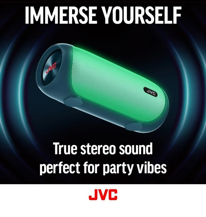 JVC Illuminated Portable Wireless Speaker with 30W max outputs, Dynamic Sound, Bluetooth 5.0, TWS Capability, USB-C, AUX in, up to 6-Hour Battery Life - SPPA7BTB (Black)