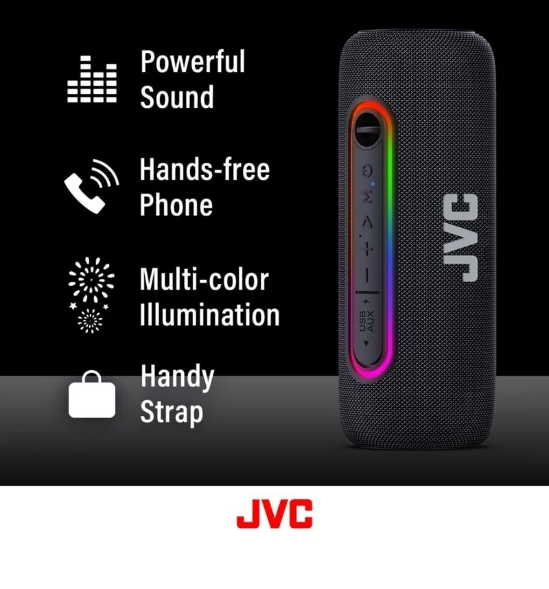 JVC Illuminated Portable Wireless Speaker with 20W max outputs, Dynamic Sound, Bluetooth 5.0, TWS Capability, USB-C, IPX5, AUX in, up to 5-Hour Battery Life - SPPA5BTB (Black)