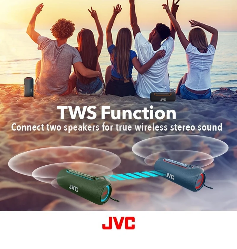 JVC Illuminated Portable Wireless Speaker with 20W max outputs, Dynamic Sound, Bluetooth 5.0, TWS Capability, USB-C, IPX5, AUX in, up to 5-Hour Battery Life - SPPA5BTB (Black)