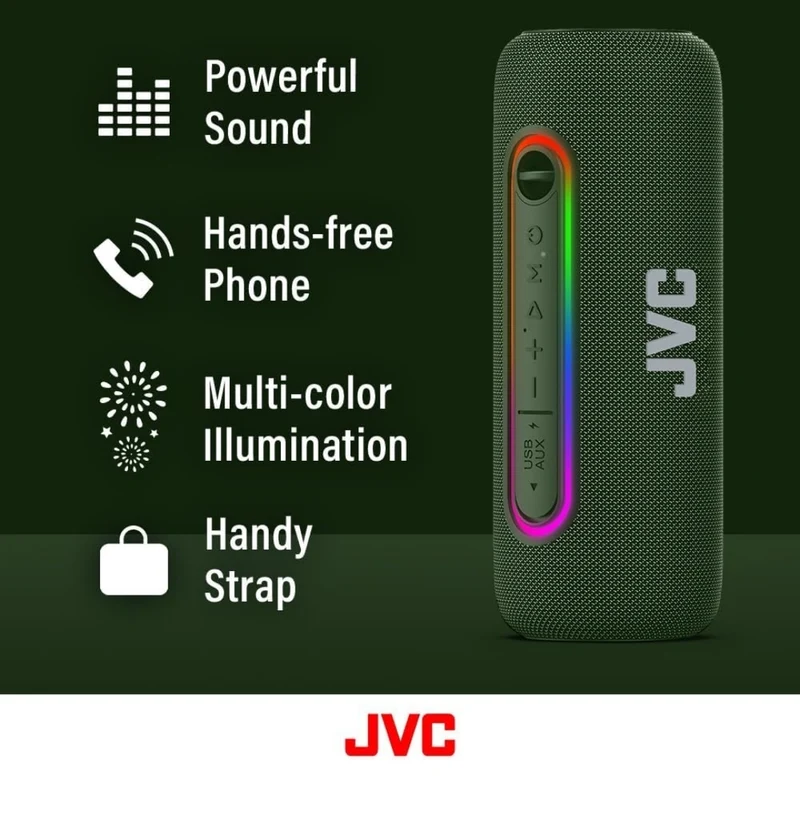 JVC Illuminated Portable Wireless Speaker with 20W max outputs, Dynamic Sound, Bluetooth 5.0, TWS Capability, USB-C, IPX5, AUX in, up to 5-Hour Battery Life - SPPA5BTG (Green)