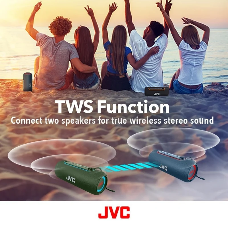 JVC Illuminated Portable Wireless Speaker with 20W max outputs, Dynamic Sound, Bluetooth 5.0, TWS Capability, USB-C, IPX5, AUX in, up to 5-Hour Battery Life - SPPA5BTG (Green)