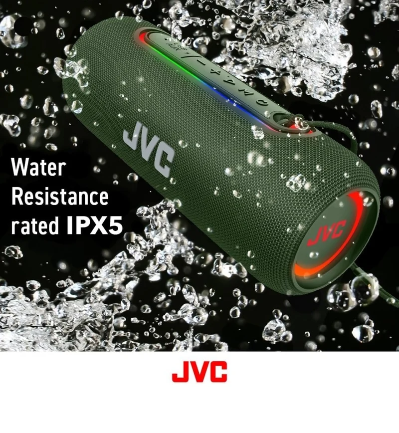 JVC Illuminated Portable Wireless Speaker with 20W max outputs, Dynamic Sound, Bluetooth 5.0, TWS Capability, USB-C, IPX5, AUX in, up to 5-Hour Battery Life - SPPA5BTG (Green)