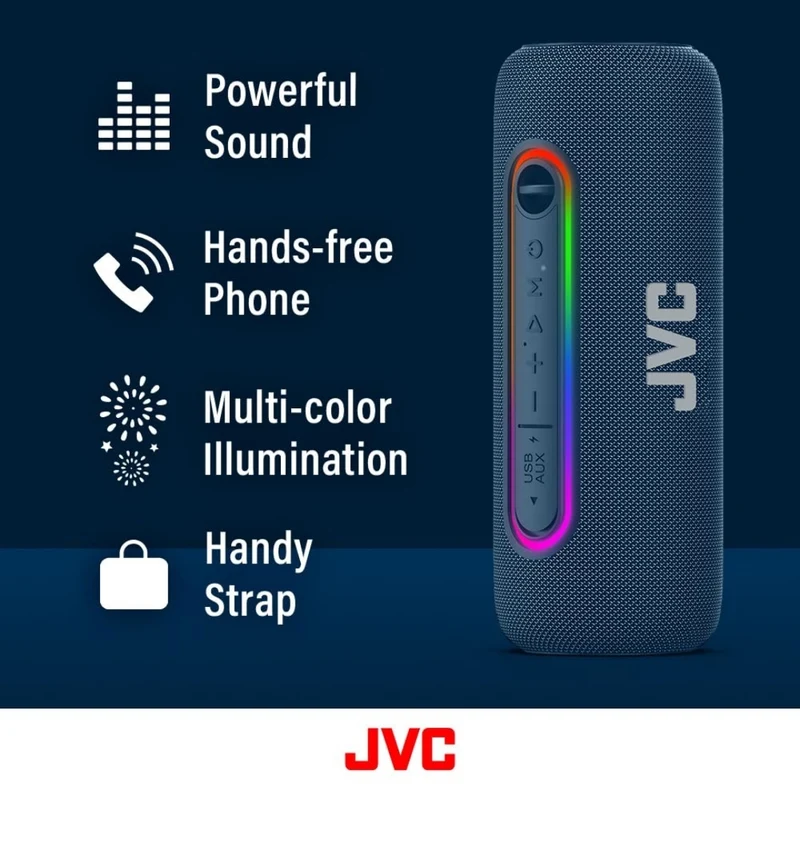 JVC Illuminated Portable Wireless Speaker with 20W max outputs, Dynamic Sound, Bluetooth 5.0, TWS Capability, USB-C, IPX5, AUX in, up to 5-Hour Battery Life - SPPA5BTA (Blue)