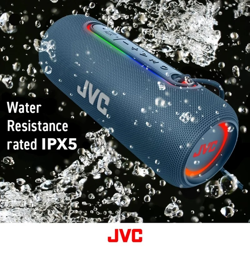 JVC Illuminated Portable Wireless Speaker with 20W max outputs, Dynamic Sound, Bluetooth 5.0, TWS Capability, USB-C, IPX5, AUX in, up to 5-Hour Battery Life - SPPA5BTA (Blue)