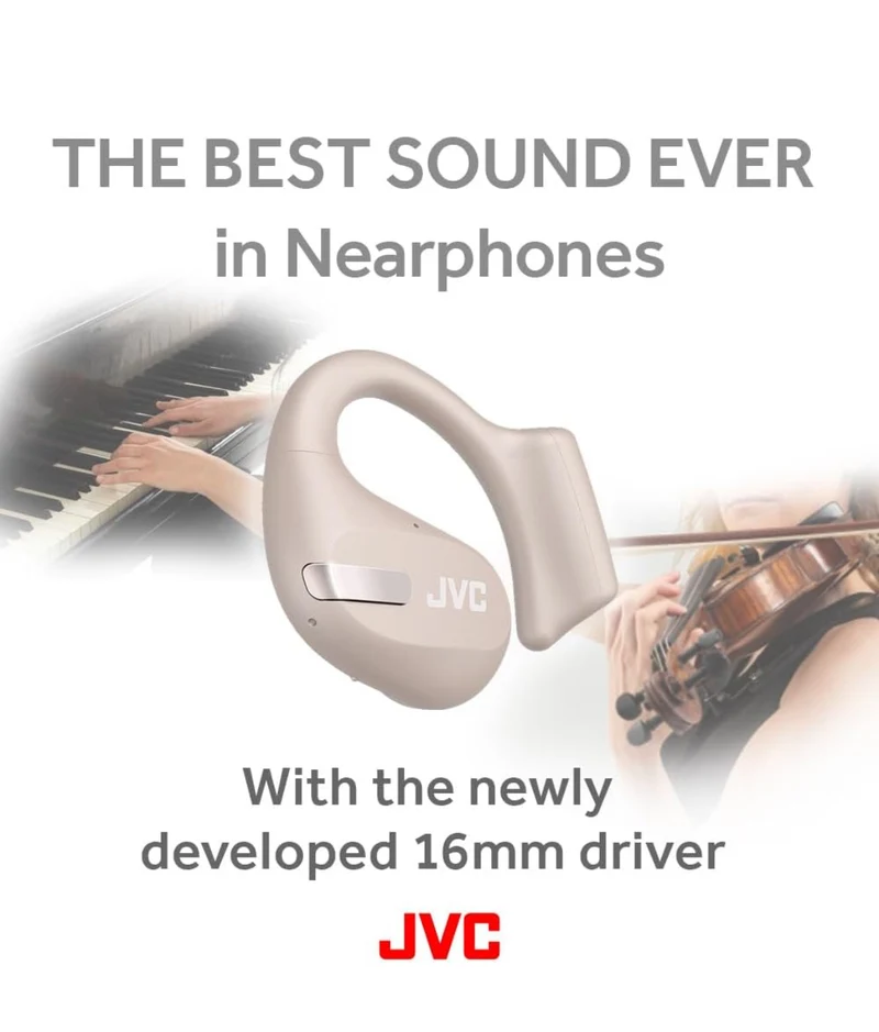 JVC New Nearphones Open Ear True Wireless Headphones with 16mm Large Drivers for Powerful Sound, Single Ear use, Compact Size, and Long Battery Life (up to 38 Hours) - HANP50TC (Beige)