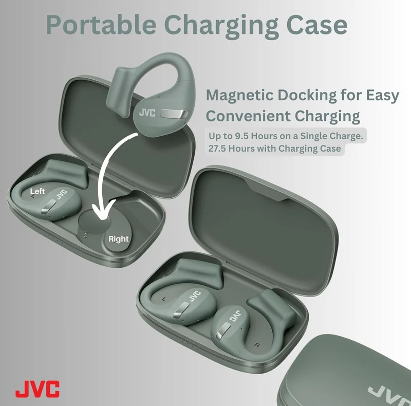 JVC New Nearphones Open Ear True Wireless Headphones with 16mm Large Drivers for Powerful Sound, Single Ear use, Compact Size, and Long Battery Life (up to 38 Hours) - HANP50TG (Green)
