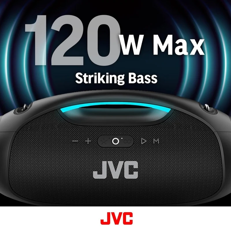 JVC Portable Wireless Bluetooth Speaker - 120W with Dual Woofer Deep Bass, RGB Lighting, Indoor/Outdoor Boombox, Bluetooth 5.3, IPX6 Water Resistant, USB-C, 11-Hr Playtime, 2 Sound Modes - SP-PA15BT
