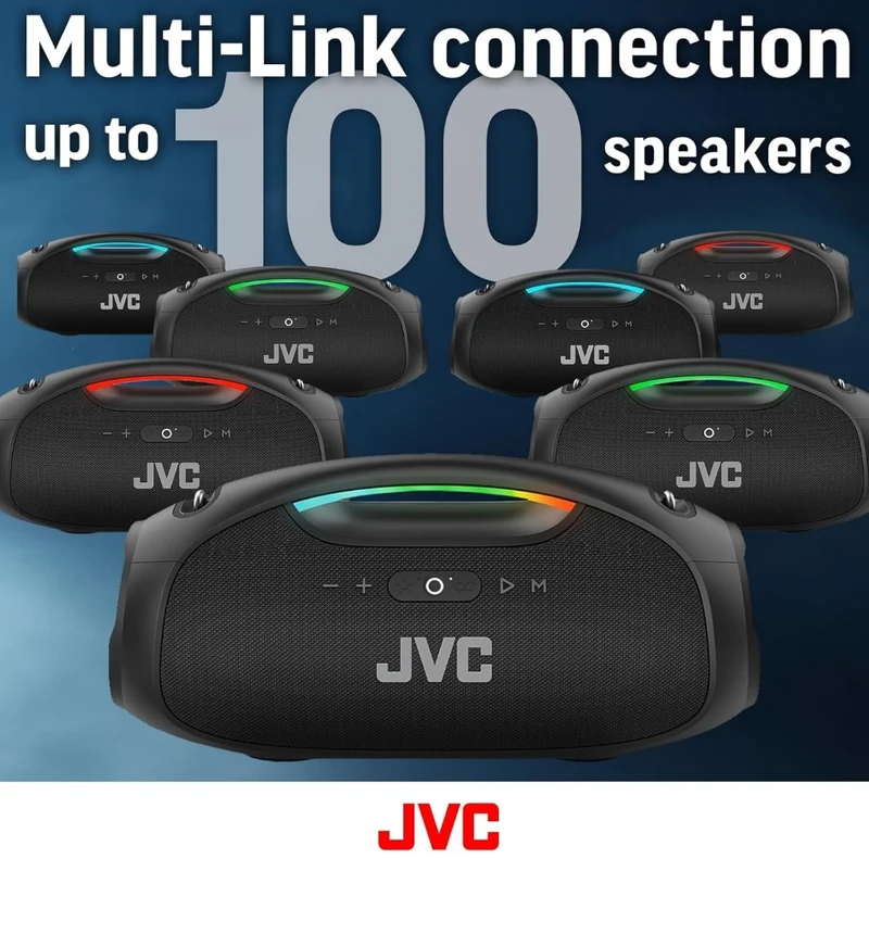JVC Portable Wireless Bluetooth Speaker - 120W with Dual Woofer Deep Bass, RGB Lighting, Indoor/Outdoor Boombox, Bluetooth 5.3, IPX6 Water Resistant, USB-C, 11-Hr Playtime, 2 Sound Modes - SP-PA15BT