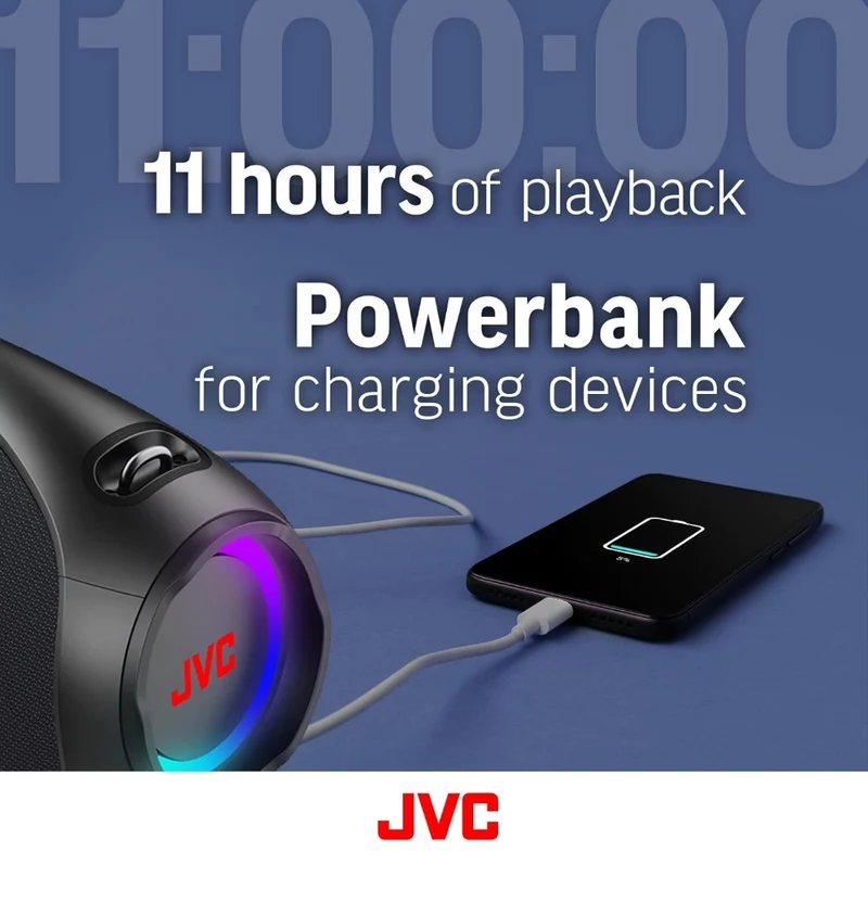 JVC Portable Wireless Bluetooth Speaker - 120W with Dual Woofer Deep Bass, RGB Lighting, Indoor/Outdoor Boombox, Bluetooth 5.3, IPX6 Water Resistant, USB-C, 11-Hr Playtime, 2 Sound Modes - SP-PA15BT