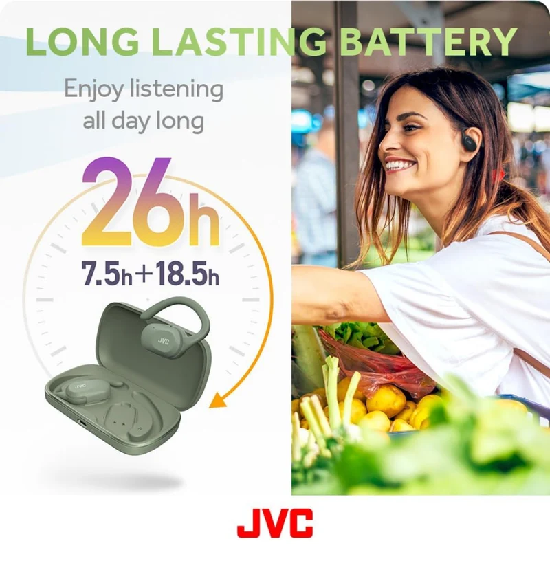 JVC nearphones Open Ear True Wireless Headphones with Pivot Motion Mecanism, 16mm Large Drivers Sound, Single Ear use, BT 5.4, Long Battery Life (up to 26 Hours) - HANP40TG (Green)