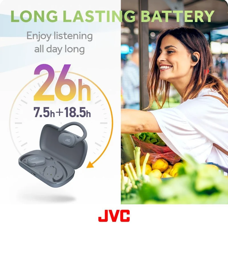 JVC nearphones Open Ear True Wireless Headphones with Pivot Motion Mecanism, 16mm Large Drivers Sound, Single Ear use, BT 5.4, Long Battery Life (up to 26 Hours) - HANP40TA (Blue)