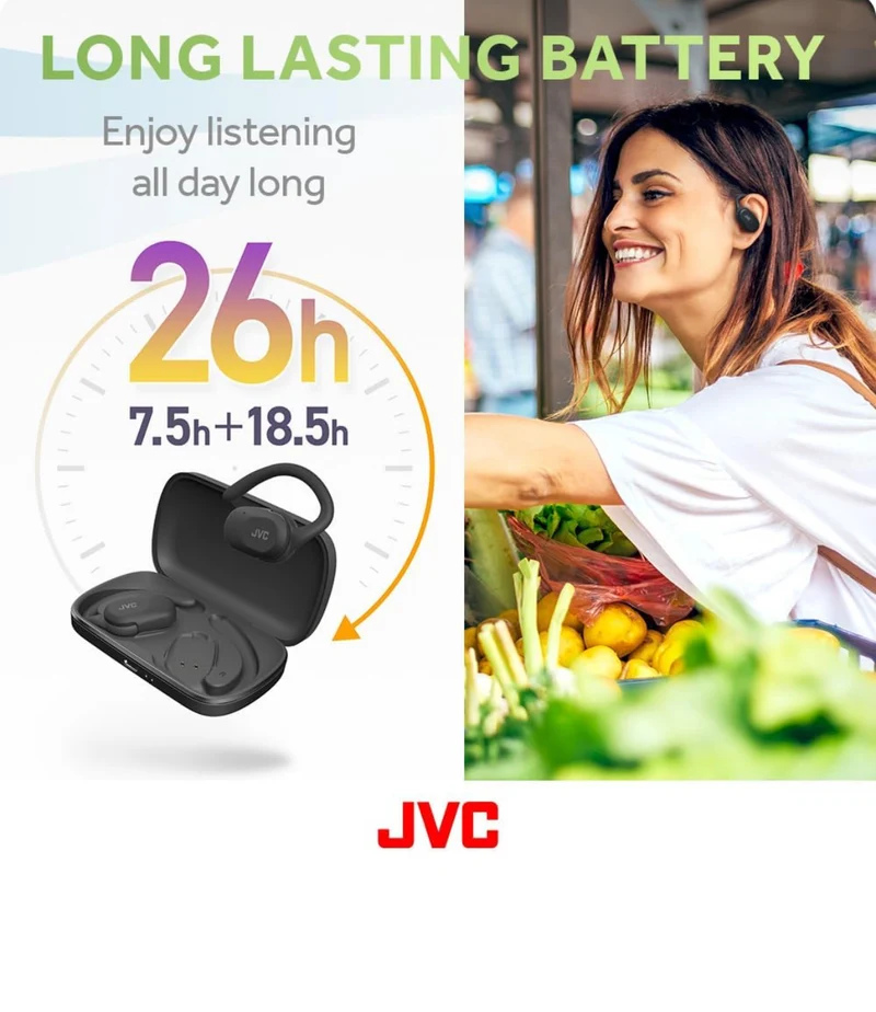JVC nearphones Open Ear True Wireless Headphones with Pivot Motion Mecanism, 16mm Large Drivers Sound, Single Ear use, BT 5.4, Long Battery Life (up to 26 Hours) - HANP40TB (Black)