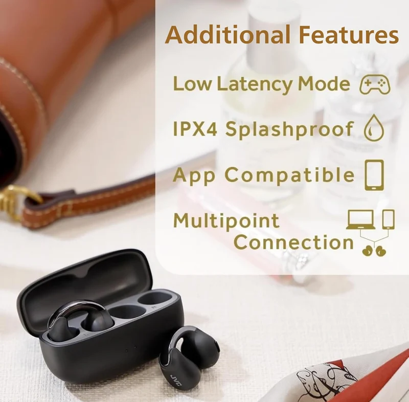 JVC Nearphones Open Ear True Wireless Headphones - Open Ear Earbuds - Bluetooth 5.3-24H Playback - IPX4 Water Resistant - Built-in Mic - Awareness & Comfort - Ear Clip Earbuds - HANP1T