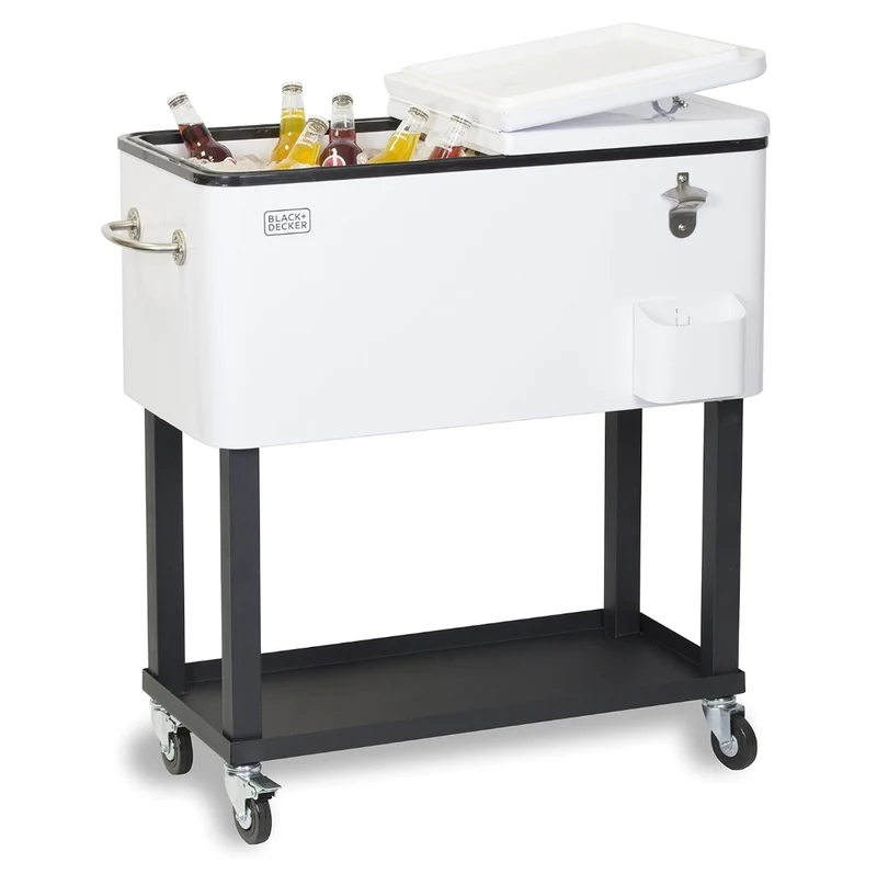 BLACK+DECKER Mobile Cooler on Wheels, 20 Gallon Insulated Rolling Cart with Stainless Steel Bottle Opener, Bar Cart with Wheels and Beverage Cooler with Drain, Ice Chest with Wheels, White