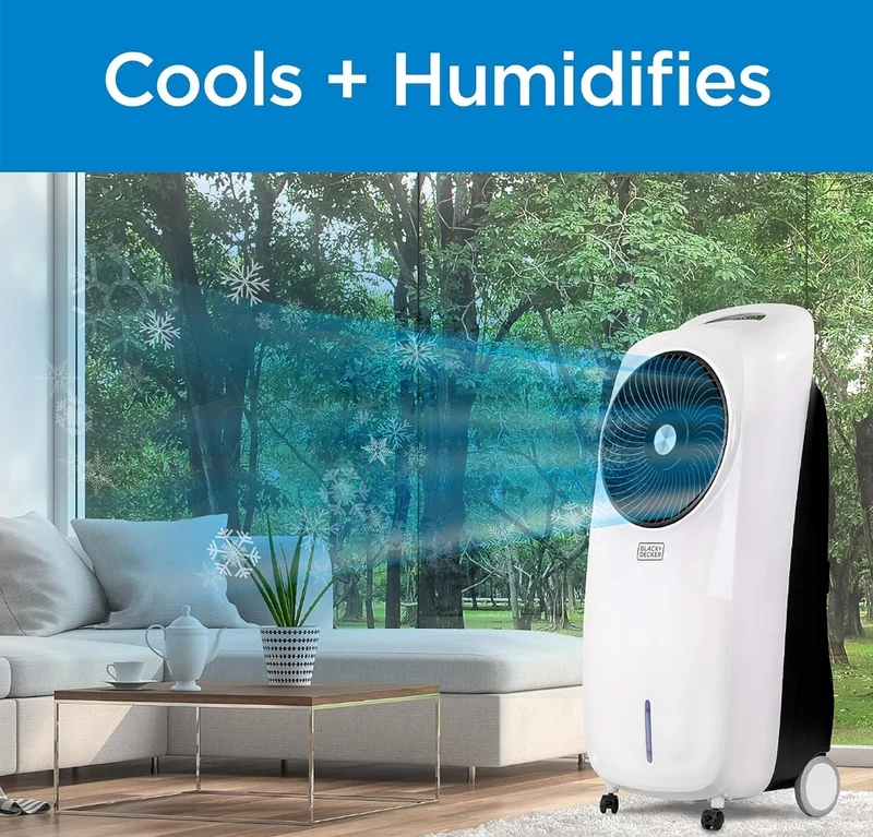 BLACK+DECKER Evaporative Air Cooler - Portable Air Conditioner Cooling Fan with LED Display, Remote Control, 2-Gallon Water Tank - Compact and Lightweight Design, White