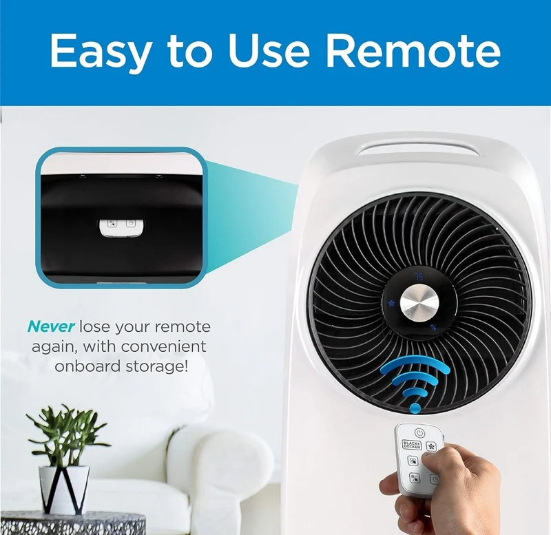 BLACK+DECKER Evaporative Air Cooler - Portable Air Conditioner Cooling Fan with LED Display, Remote Control, 2-Gallon Water Tank - Compact and Lightweight Design, White