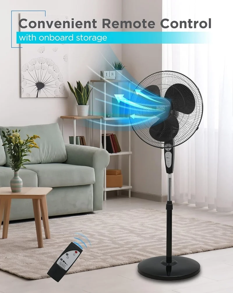 BLACK+DECKER 18-Inch Stand Fan with Pedestal Base, Height Adjustable Pedestal Fan with Remote and Touch Control Panel, Free Standing Fan with 90-Degree Oscillating and 3-Speed Settings, Black