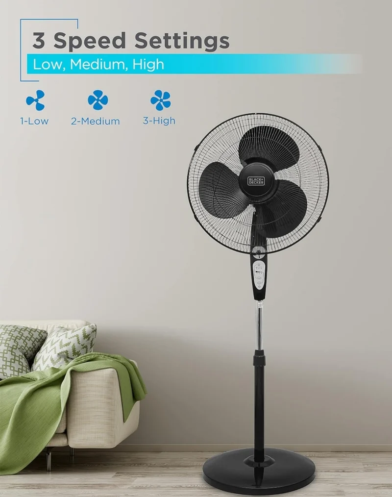 BLACK+DECKER 18-Inch Stand Fan with Pedestal Base, Height Adjustable Pedestal Fan with Remote and Touch Control Panel, Free Standing Fan with 90-Degree Oscillating and 3-Speed Settings, Black