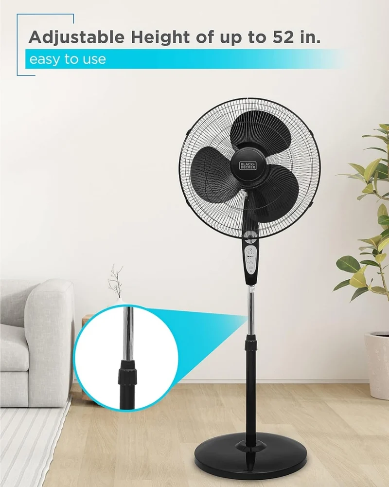 BLACK+DECKER 18-Inch Stand Fan with Pedestal Base, Height Adjustable Pedestal Fan with Remote and Touch Control Panel, Free Standing Fan with 90-Degree Oscillating and 3-Speed Settings, Black