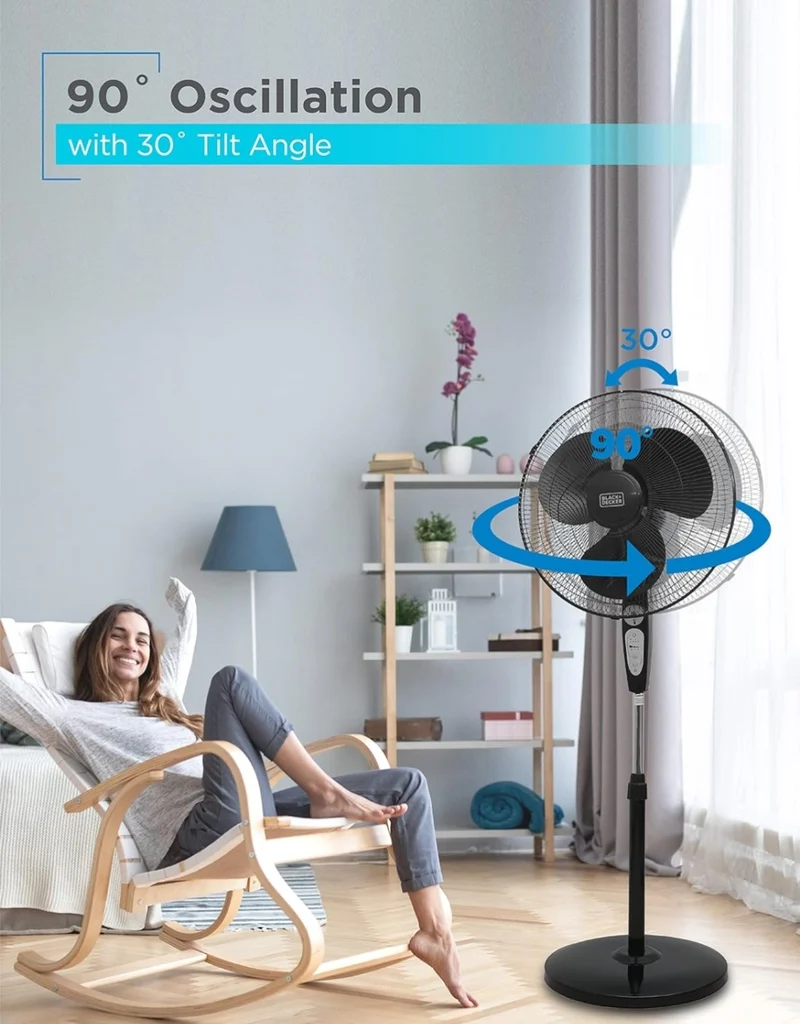 BLACK+DECKER 18-Inch Stand Fan with Pedestal Base, Height Adjustable Pedestal Fan with Remote and Touch Control Panel, Free Standing Fan with 90-Degree Oscillating and 3-Speed Settings, Black