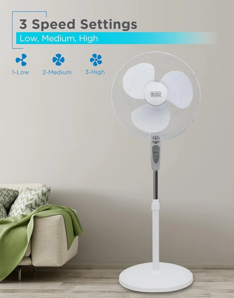 BLACK+DECKER 18-Inch Stand Fan with Pedestal Base, Height Adjustable Pedestal Fan with Remote and Touch Control Panel, Free Standing Fan with 90-Degree Oscillating and 3-Speed Settings, Black
