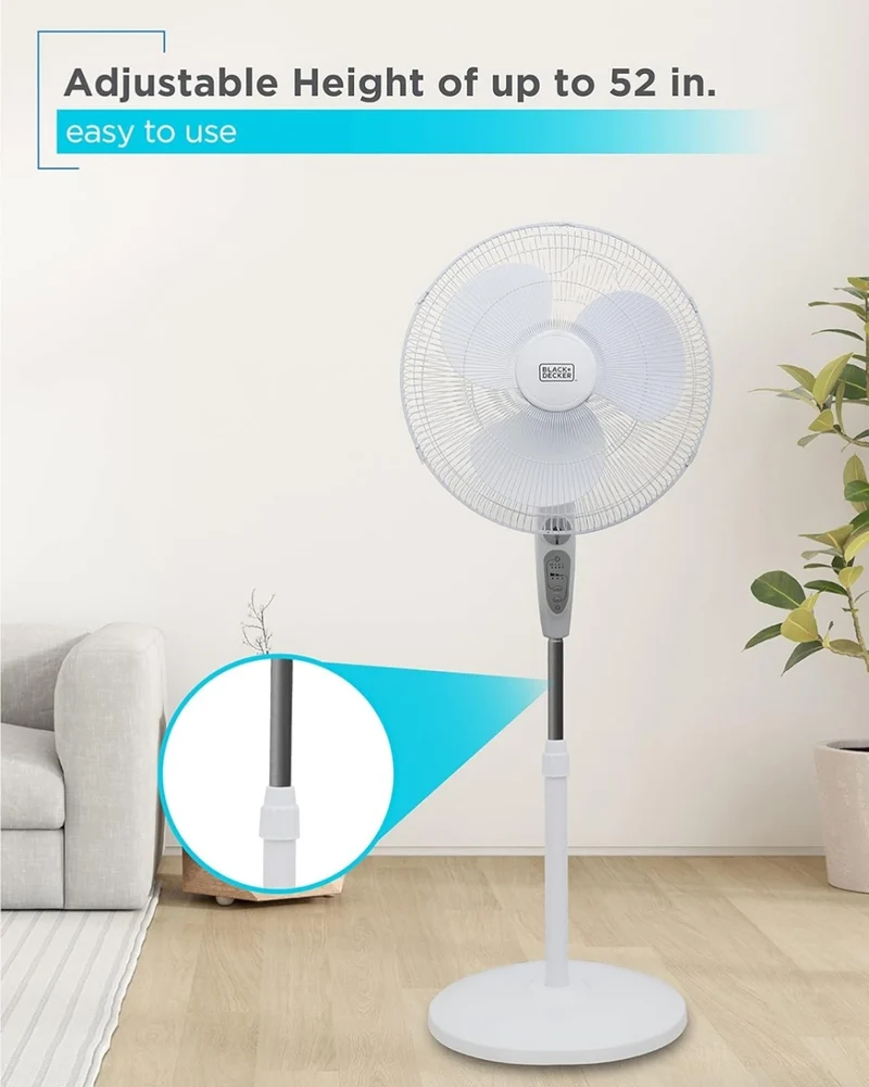 BLACK+DECKER 18-Inch Stand Fan with Pedestal Base, Height Adjustable Pedestal Fan with Remote and Touch Control Panel, Free Standing Fan with 90-Degree Oscillating and 3-Speed Settings, Black