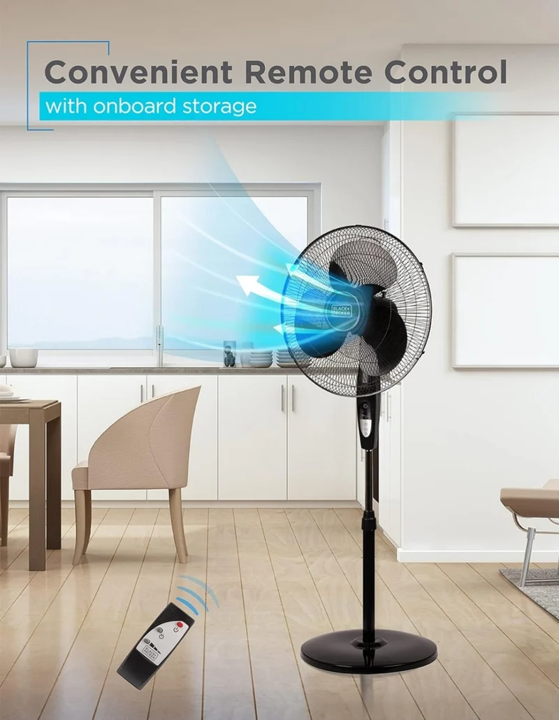 BLACK+DECKER 16 Inches Stand Fan with Pedestal Base, Height Adjustable Pedestal Fan with Remote and Touch Control Panel, Free Standing Fan with 90-Degree Oscillating and 3-Speed Settings, Black