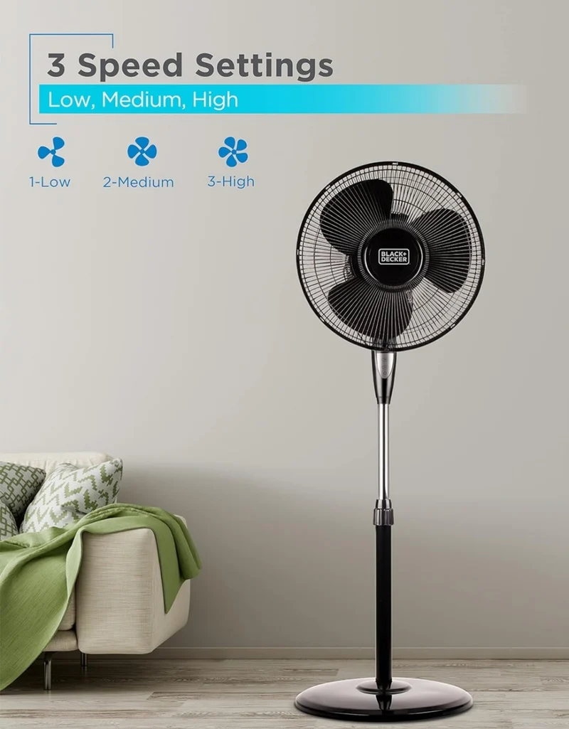 BLACK+DECKER 16 Inches Stand Fan with Pedestal Base, Height Adjustable Pedestal Fan with Remote and Touch Control Panel, Free Standing Fan with 90-Degree Oscillating and 3-Speed Settings, Black
