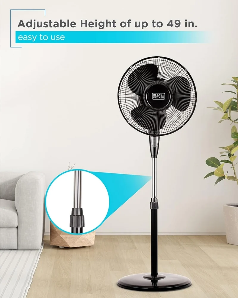 BLACK+DECKER 16 Inches Stand Fan with Pedestal Base, Height Adjustable Pedestal Fan with Remote and Touch Control Panel, Free Standing Fan with 90-Degree Oscillating and 3-Speed Settings, Black