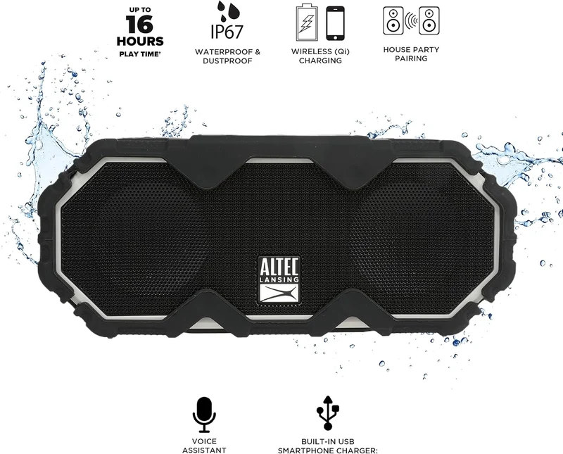 Altec Lansing Mini LifeJacket Jolt Bluetooth Speaker with Qi, Wireless, Waterproof, Portable, Speakers, Loud Volume, Strong Bass, Rich Stereo System, Microphone, 16 Hour Battery, 100 ft Range, Gray