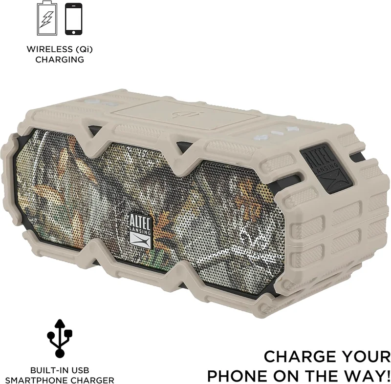 Altec Lansing x Realtree® IMW580 Portable Rugged Bluetooth Speaker Qi Wireless Charging, 20 Hours of Battery, Heavy Duty, Waterproof, LED Lights, 100FT Wireless Range and Voice Assistant