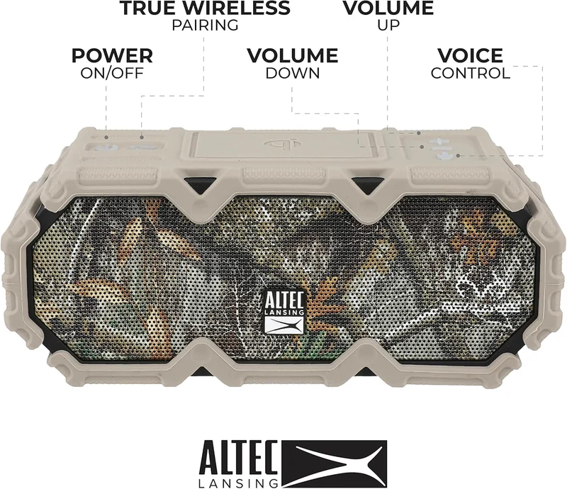 Altec Lansing x Realtree® IMW580 Portable Rugged Bluetooth Speaker Qi Wireless Charging, 20 Hours of Battery, Heavy Duty, Waterproof, LED Lights, 100FT Wireless Range and Voice Assistant