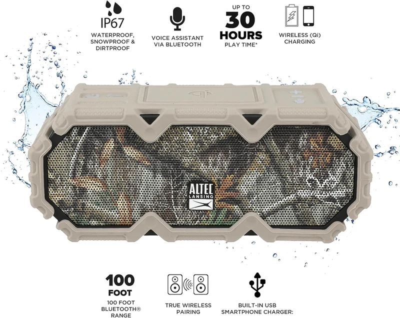 Altec Lansing x Realtree® IMW580 Portable Rugged Bluetooth Speaker Qi Wireless Charging, 20 Hours of Battery, Heavy Duty, Waterproof, LED Lights, 100FT Wireless Range and Voice Assistant