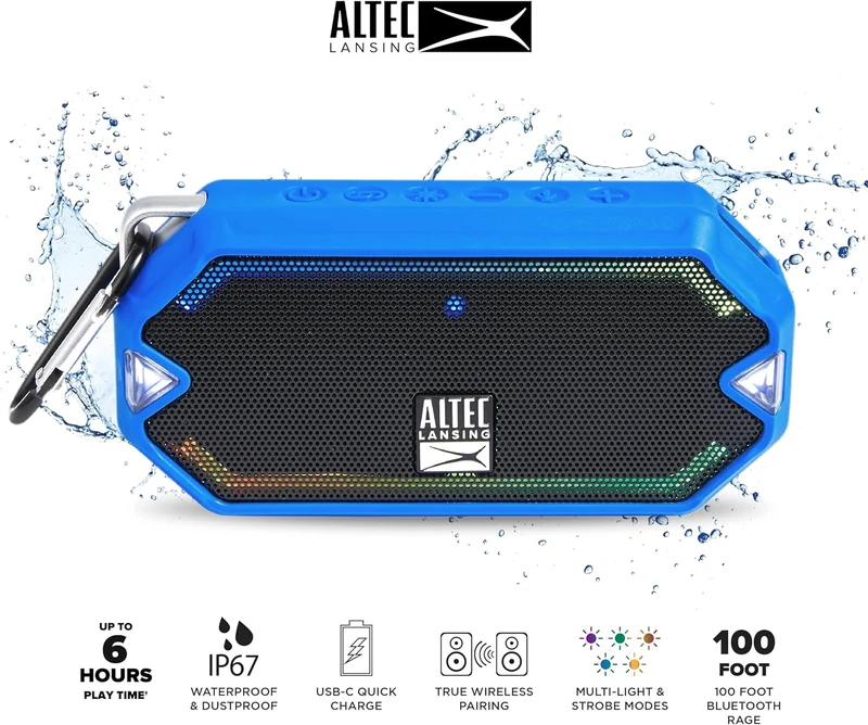 Altec Lansing - HydraMini Wireless Bluetooth Speaker, IP67 Waterproof USB C Rechargeable Battery with 6 Hours Playtime, Compact, Shockproof, Snowproof, Everything Proof (Royal Blue)