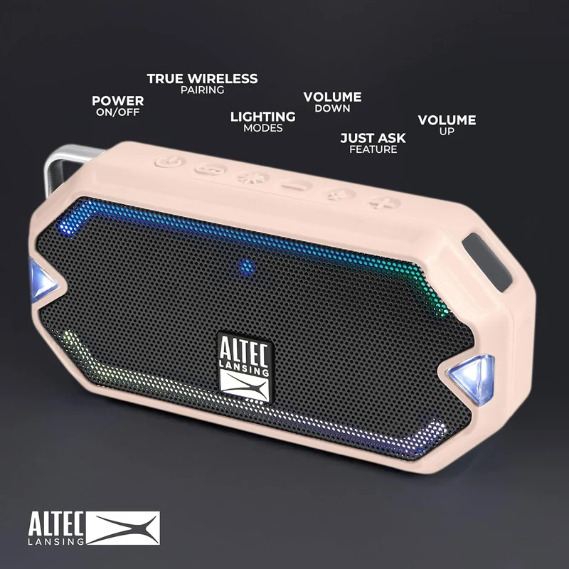 Altec Lansing - HydraMini Wireless Bluetooth Speaker, IP67 Waterproof USB C Rechargeable Battery with 6 Hours Playtime, Compact, Shockproof, Snowproof, Everything Proof (Petal Pink)