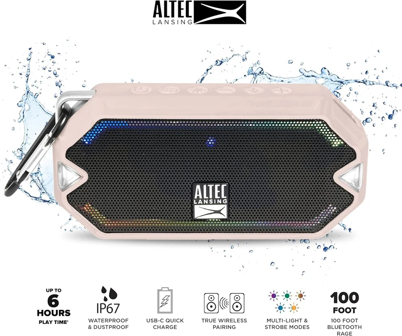 Altec Lansing - HydraMini Wireless Bluetooth Speaker, IP67 Waterproof USB C Rechargeable Battery with 6 Hours Playtime, Compact, Shockproof, Snowproof, Everything Proof (Petal Pink)