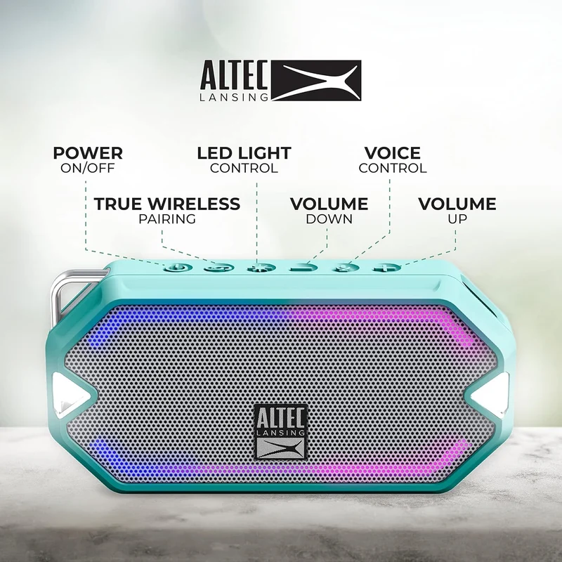 Altec Lansing - HydraMini Wireless Bluetooth Speaker, IP67 Waterproof USB C Rechargeable Battery with 6 Hours Playtime, Compact, Shockproof, Snowproof, Everything Proof (Mint Green)