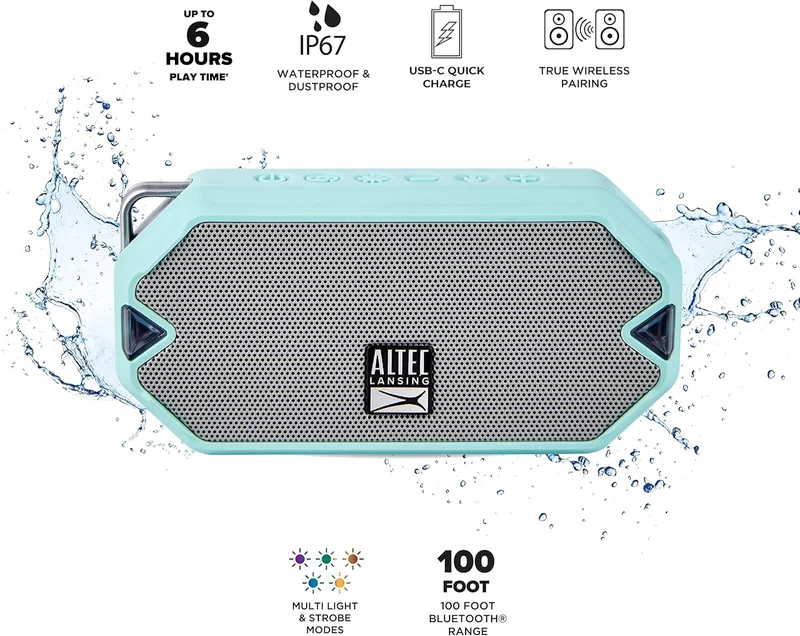Altec Lansing - HydraMini Wireless Bluetooth Speaker, IP67 Waterproof USB C Rechargeable Battery with 6 Hours Playtime, Compact, Shockproof, Snowproof, Everything Proof (Mint Green)