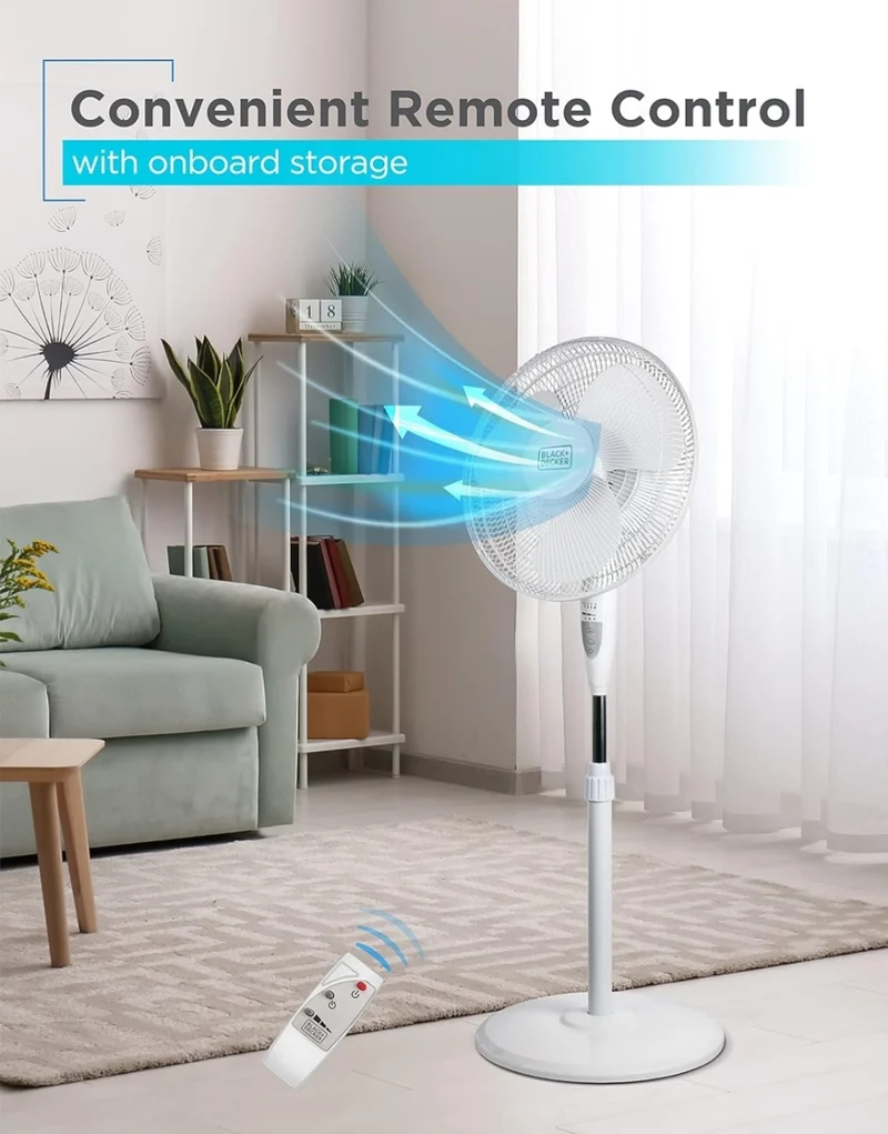 BLACK+DECKER 16" Stand Fan with Pedestal Base, Height Adjustable Pedestal Fan with Remote and Touch Control Panel, Free Standing Fan with 90-Degree Oscillating and 3-Speed Settings, White