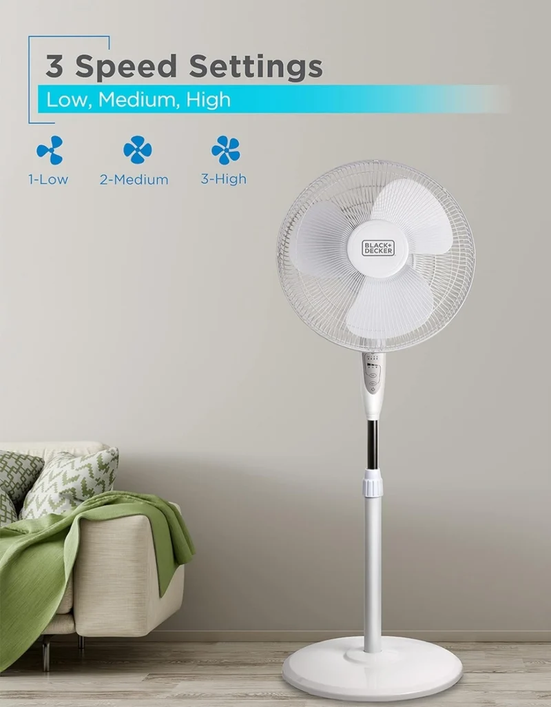 BLACK+DECKER 16" Stand Fan with Pedestal Base, Height Adjustable Pedestal Fan with Remote and Touch Control Panel, Free Standing Fan with 90-Degree Oscillating and 3-Speed Settings, White
