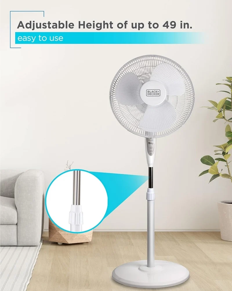 BLACK+DECKER 16" Stand Fan with Pedestal Base, Height Adjustable Pedestal Fan with Remote and Touch Control Panel, Free Standing Fan with 90-Degree Oscillating and 3-Speed Settings, White