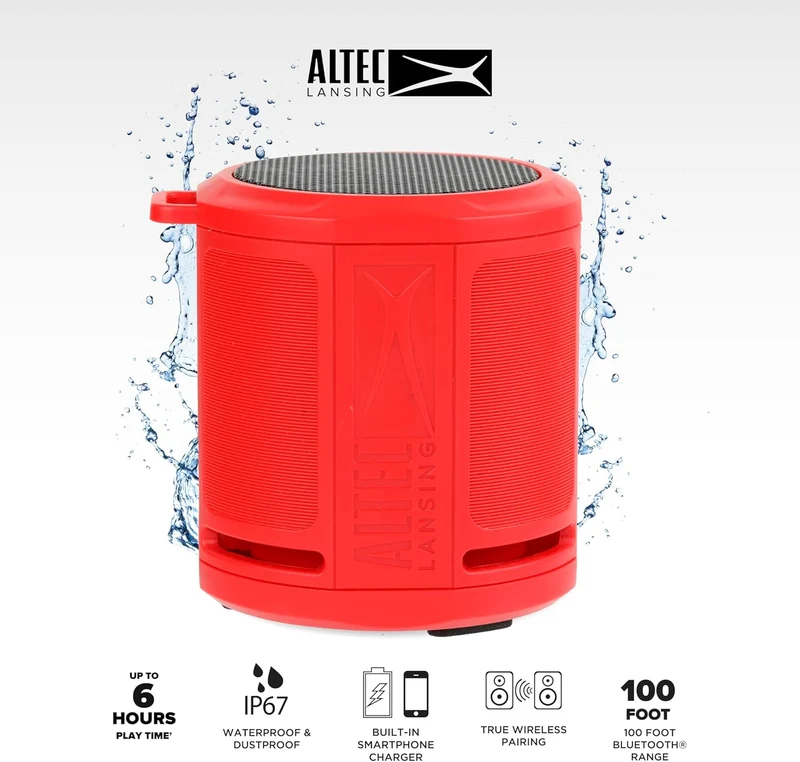 Altec Lansing HydraMicro - Waterproof Bluetooth Speaker, Lightweight & Portable Speaker for Travel & Outdoor Use, Red