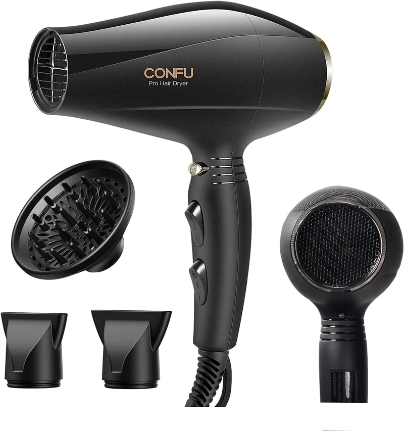 Ionic Hair Dryer with Diffuser, CONFU Professional Salon Blow Dryer with Ac Motor, 2 Concentrator Nozzle Attachments and ALCI Safety Plug, for Women and Men and Home Salon