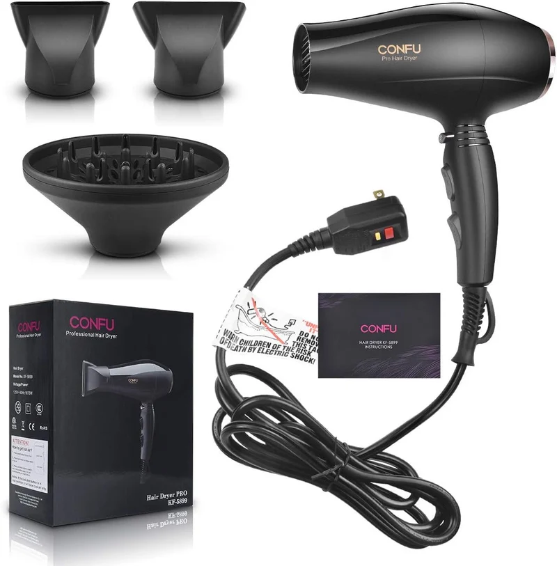 Ionic Hair Dryer with Diffuser, CONFU Professional Salon Blow Dryer with Ac Motor, 2 Concentrator Nozzle Attachments and ALCI Safety Plug, for Women and Men and Home Salon
