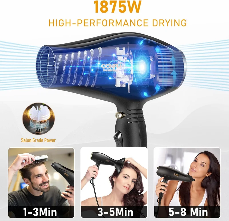Ionic Hair Dryer with Diffuser, CONFU Professional Salon Blow Dryer with Ac Motor, 2 Concentrator Nozzle Attachments and ALCI Safety Plug, for Women and Men and Home Salon