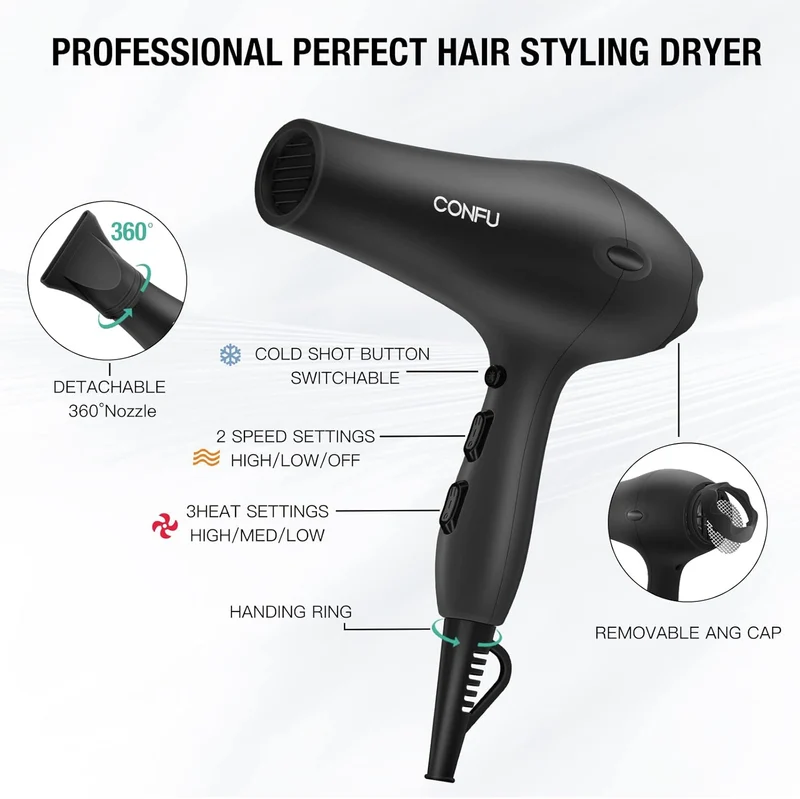 Professional Salon Hair Dryer, CONFU Negative Ions Ceramic Quick Drying Blow Dryer, Lightweight Travel Hairdryer for Normal & Curly Hair Includes Diffuser Styling Nozzle